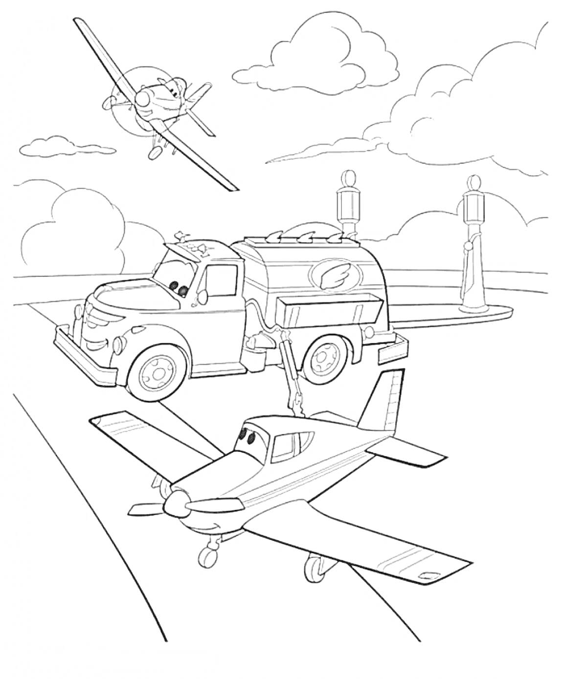 На раскраске изображено: Самолеты, Аэродром, Заправка, Облака, Дисней, Транспорт, Воздух, Летательный аппарат