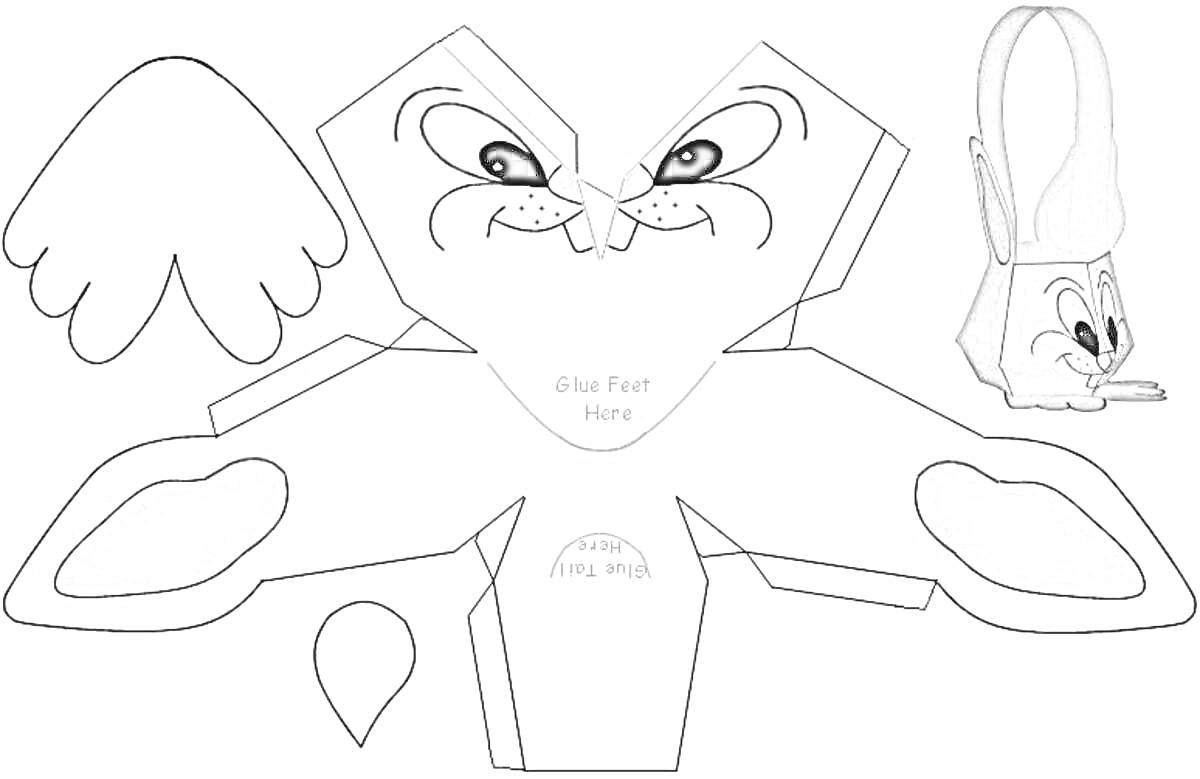 Раскраска Бумажная поделка в виде животного (заяц/кролик) с ушами, лапками и рюкзачком