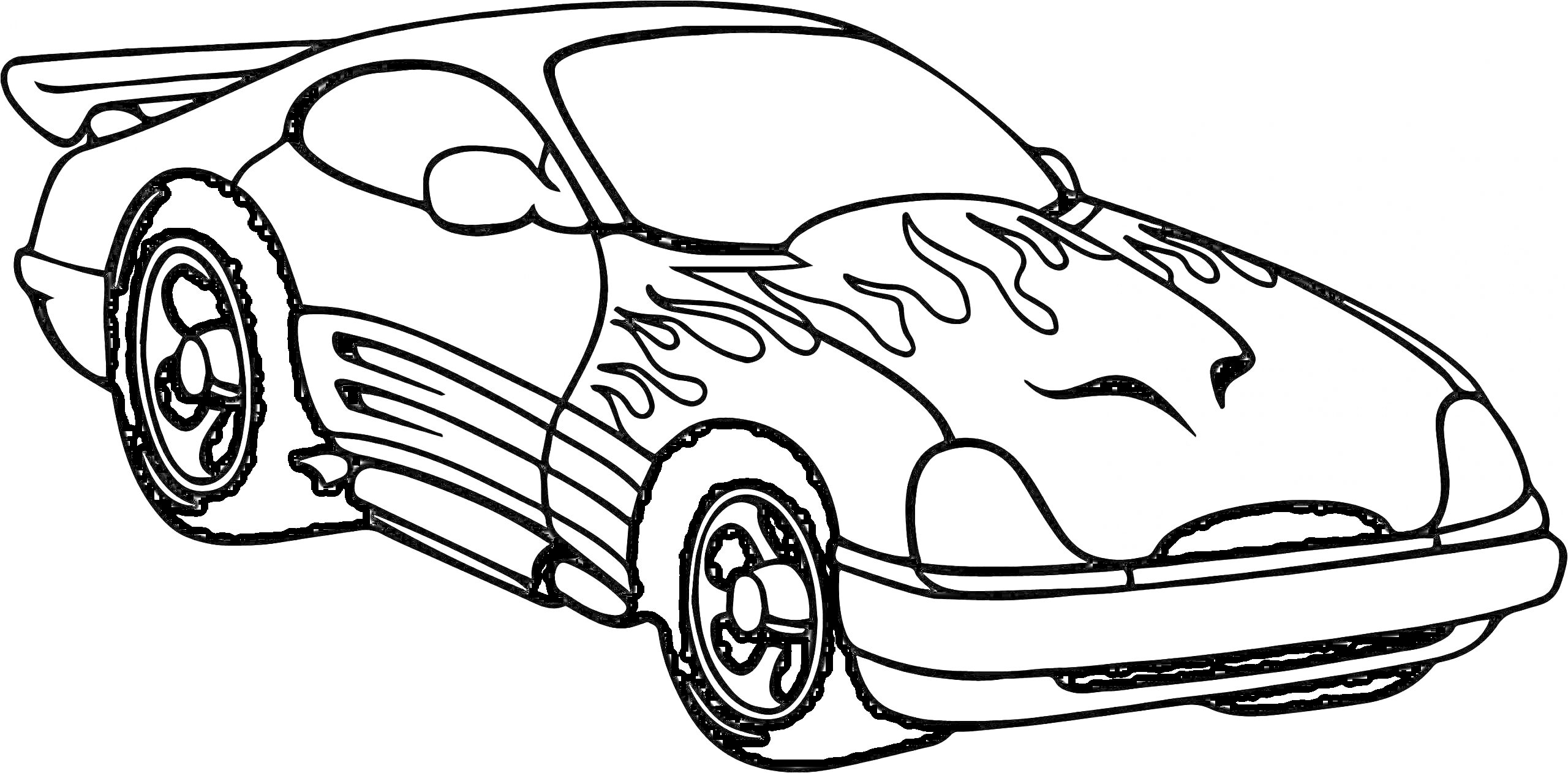 Раскраска Гоночная машина Хот Вилс с огненными узорами и спойлером