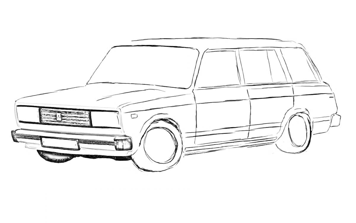 Раскраска Черно-белый рисунок автомобиля ВАЗ 2104 с передним и боковым видами, включающими передние фары, боковые двери, багажник и колеса