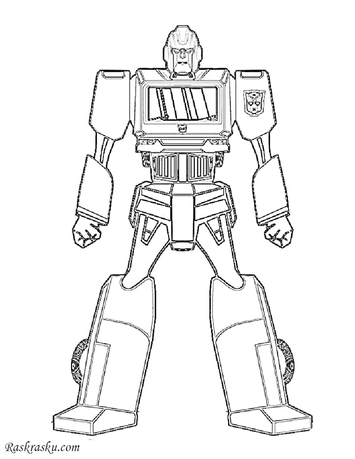 Раскраска Робот с эмблемой, стоящий в полной боевой готовности