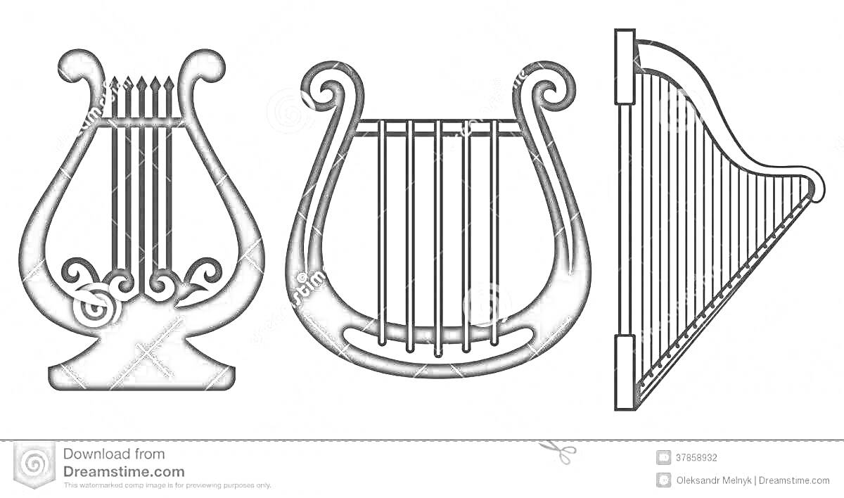 Раскраска Три лиры с разными элементами и формами