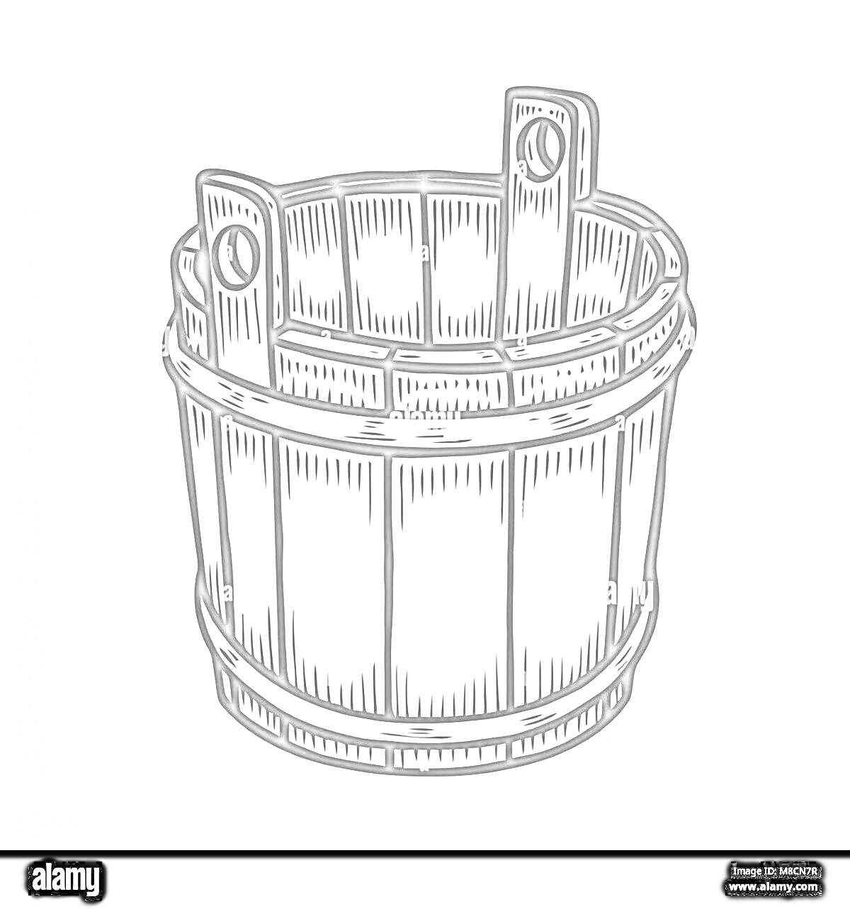Раскраска Деревянное ведро с ручками, выполненное в стиле гравировки