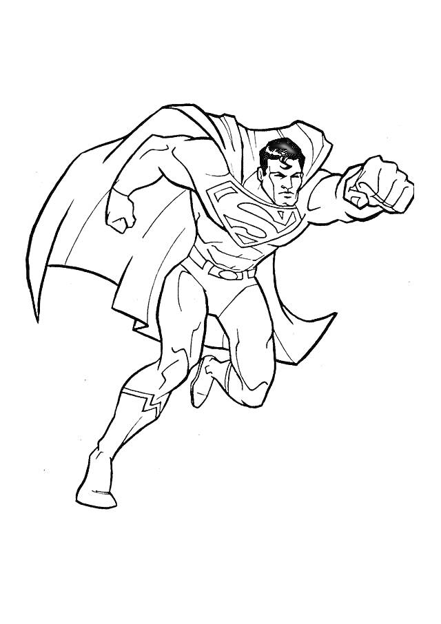 Раскраска Супермен в полете с поднятым кулаком