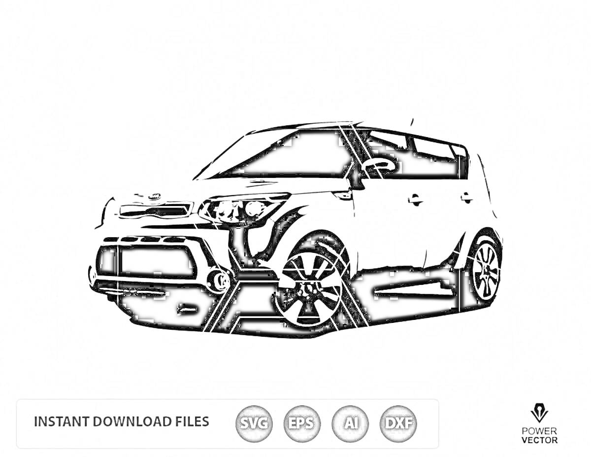 Раскраска Чёрно-белая раскраска автомобиля Киа Соул с крупными элементами кузова, фарами, колёсами и отражениями