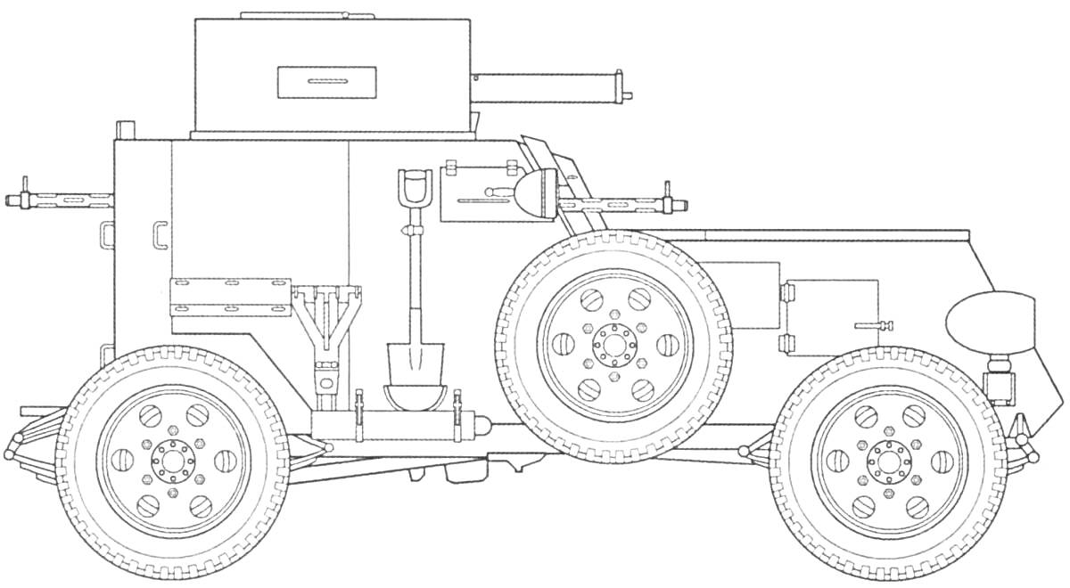 Бронемашина с пушкой и пулеметами, запасным колесом, лопатой и киркой на боковой панели