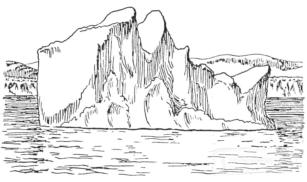 Раскраска Ледяная скала с видимыми контурами на берегу, окружающая вода, горы вдали