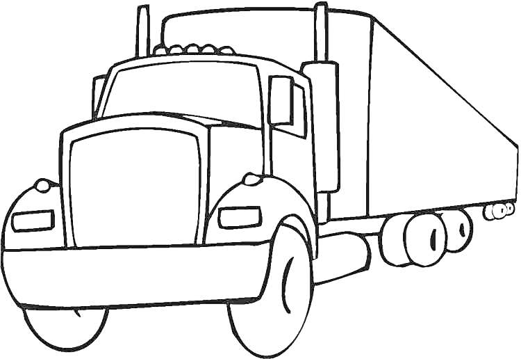 На раскраске изображено: Фары, Большие колеса, Выхлопные трубы, Грузовая машина
