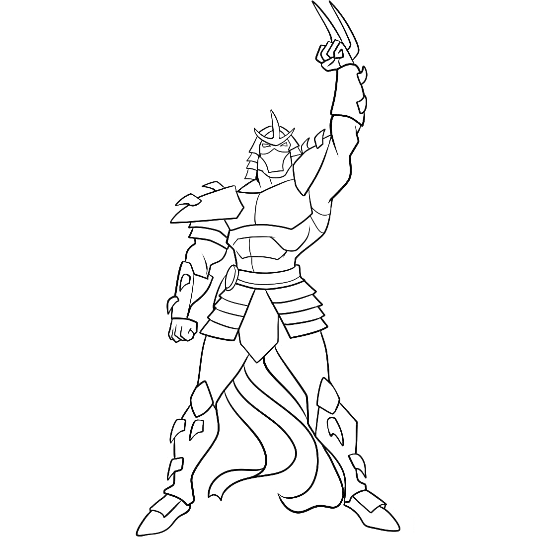 Раскраска Шреддер с поднятой рукой и клинком, в боевой броне