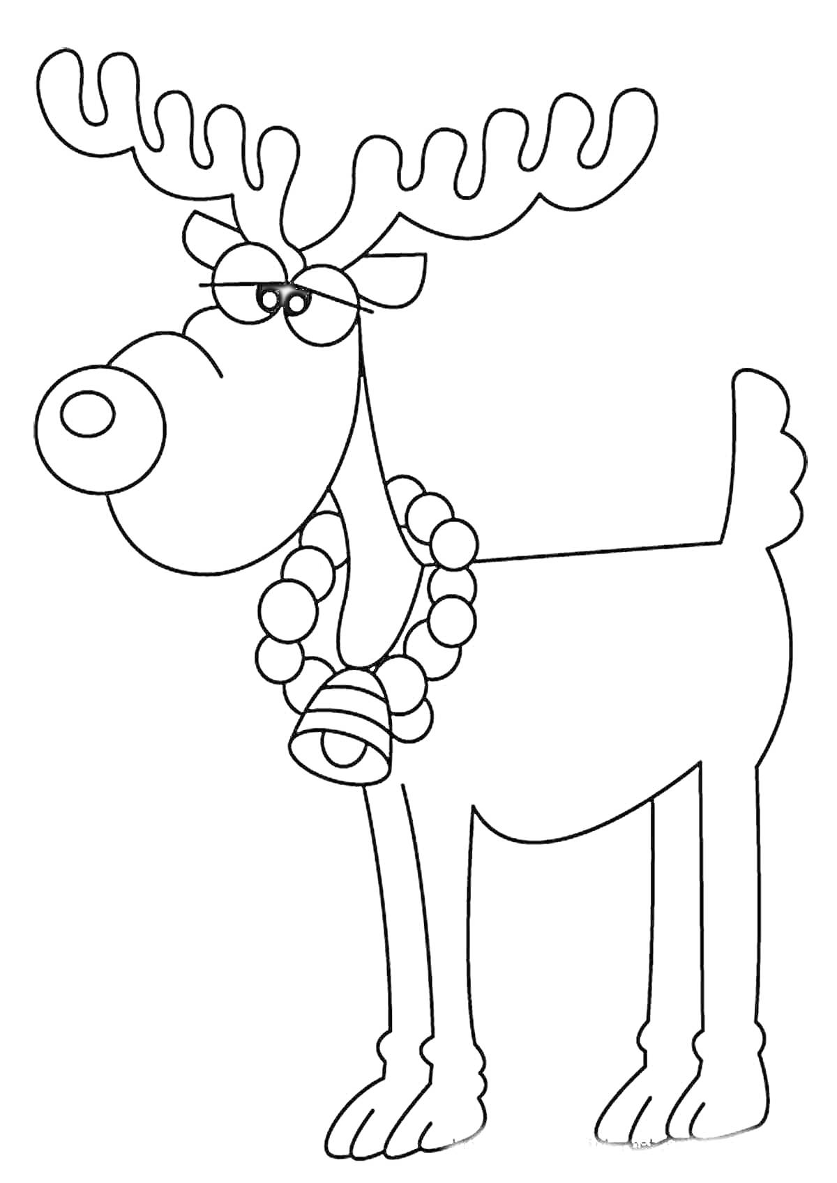 Раскраска Новогодний олень с колокольчиком на шее и венком из шаров