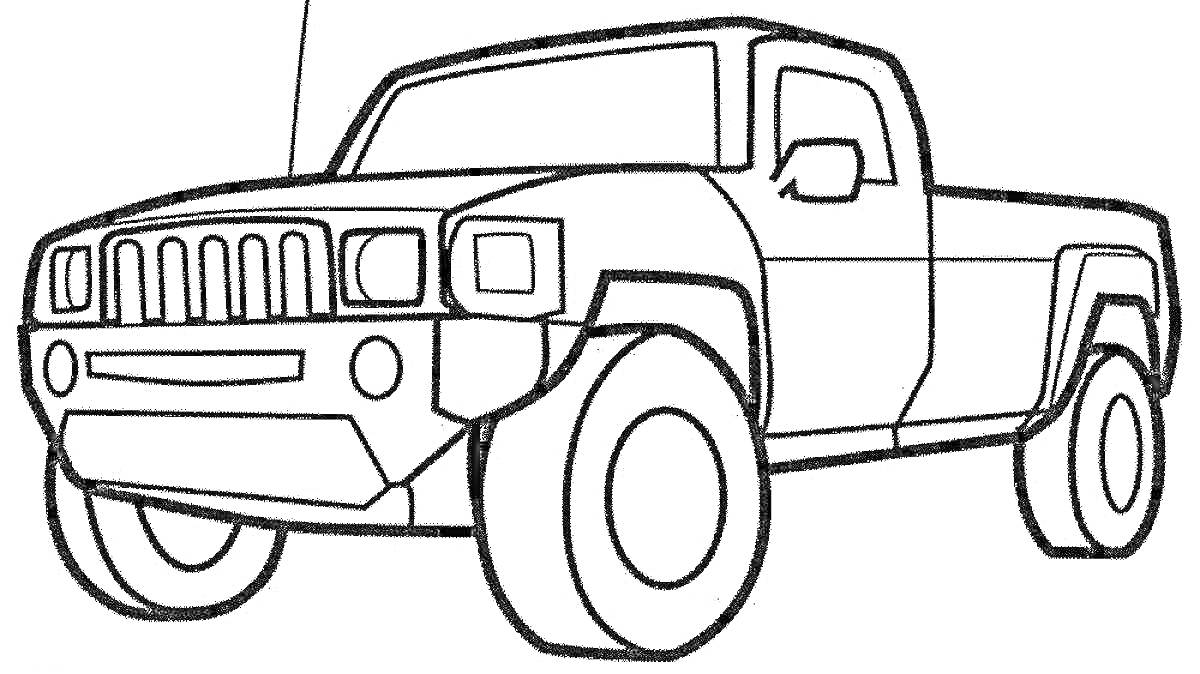 На раскраске изображено: Внедорожник, Большие колеса, Транспорт
