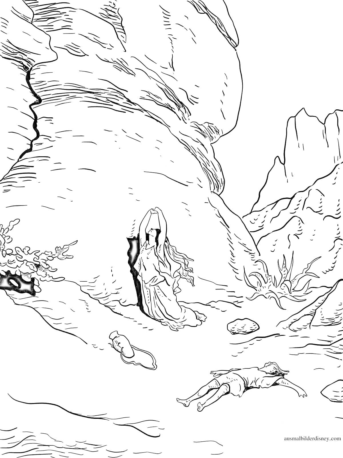 На раскраске изображено: Пещера, Человек, Скалы, Растения, Природа, Рельеф, Пейзаж