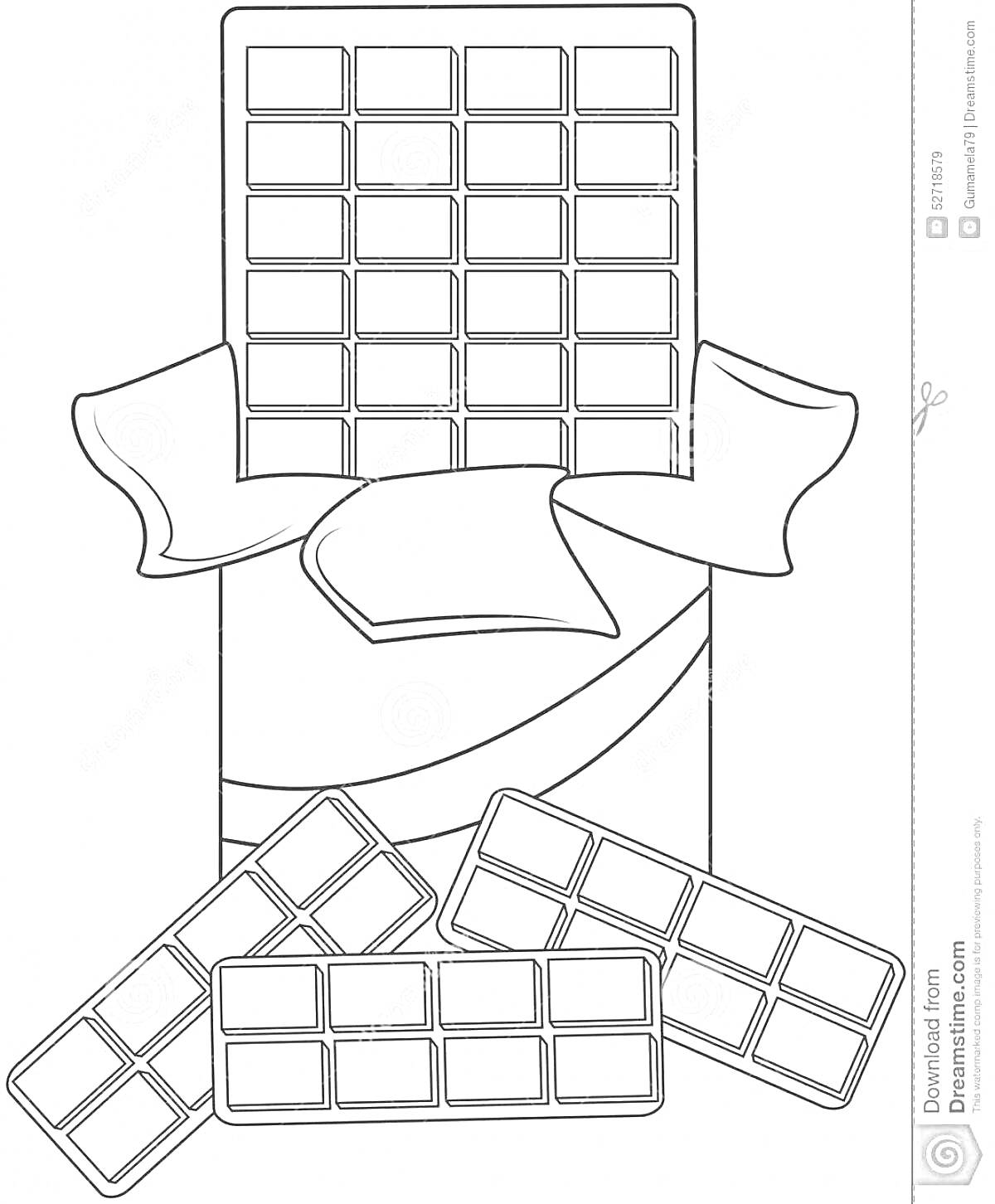 Раскраска Шоколадная плитка с оберткой и кусочки шоколада