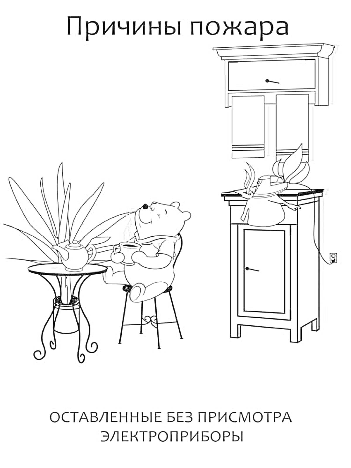 Раскраска Причины пожара. Оставленные без присмотра электроприборы: включенный электрический чайник на столе рядом с сидящим медвежонком, кухонный шкаф, горящая плита с кастрюлей, комнатное растение.