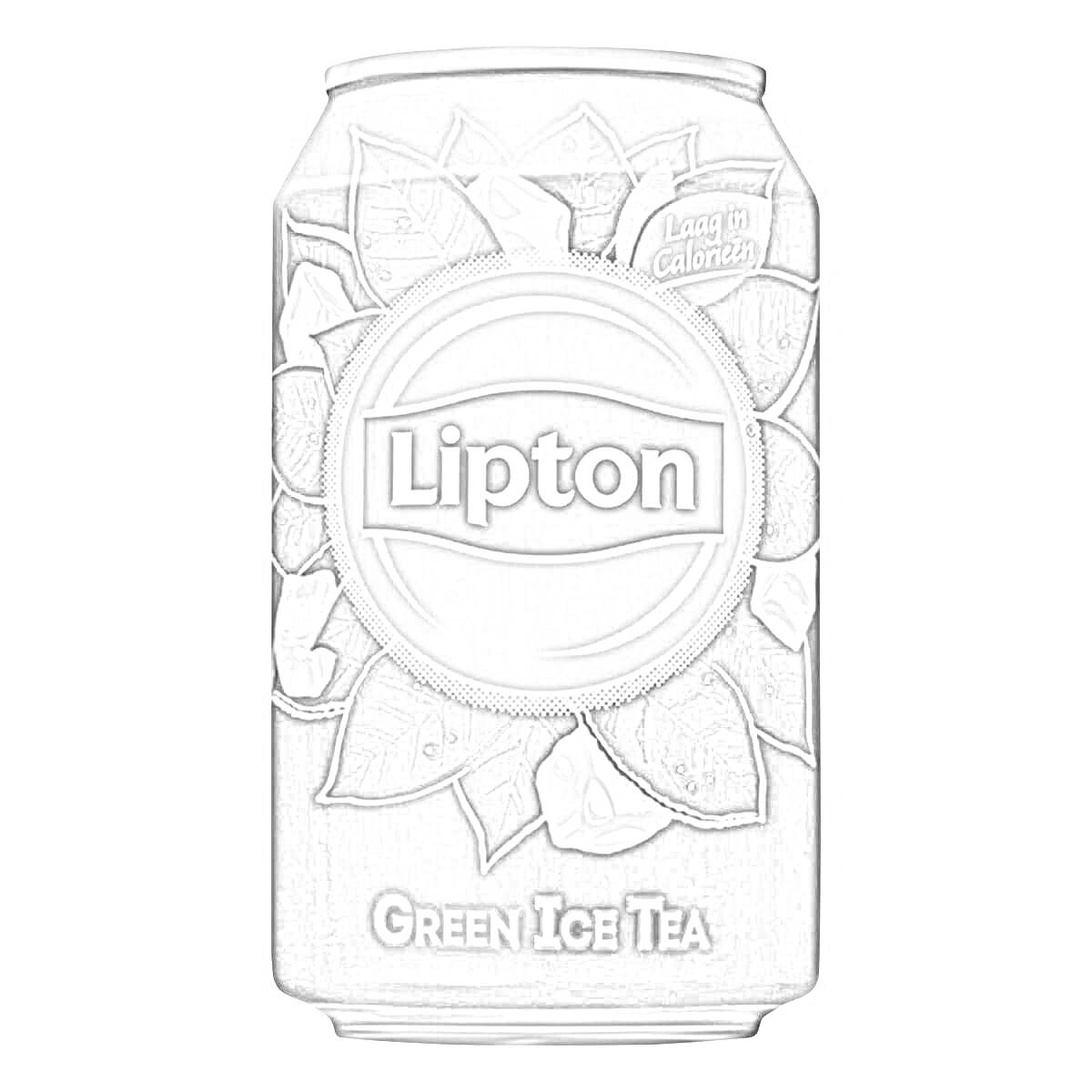 Раскраска Банка Липтон с Зеленым Ледяным Чаем, листья зеленого чая на фоне