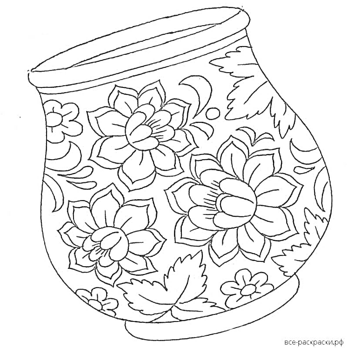 Раскраска Вазочка с цветами и листьями в гжельском стиле