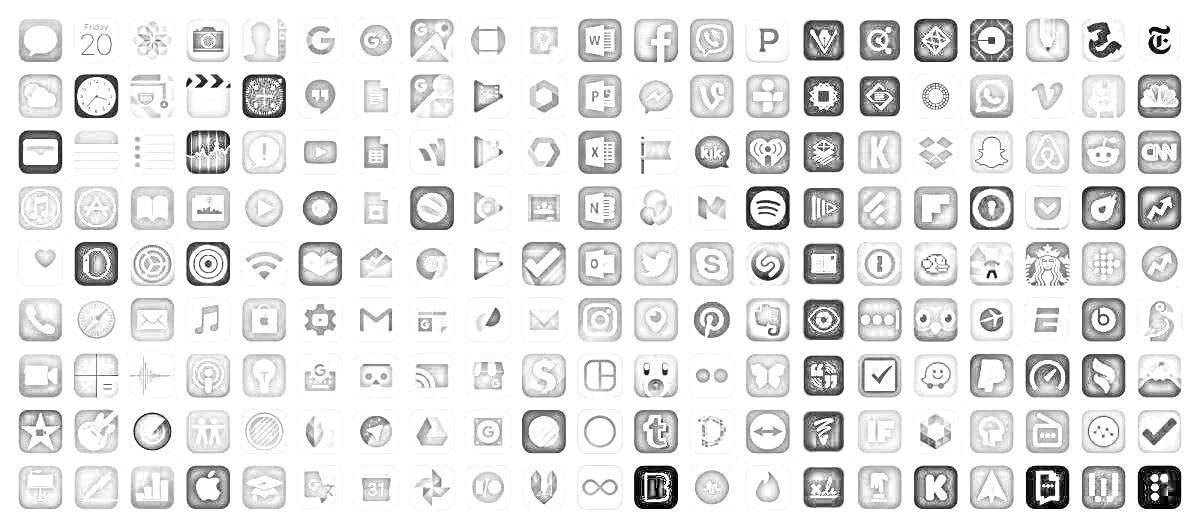 Раскраска Иконки приложений на смартфоне (содержит иконки различных приложений и сервисов, расположенных в виде сетки)