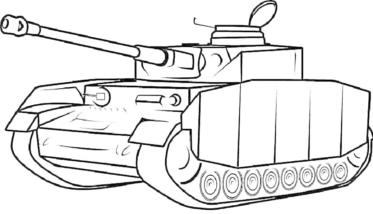 Раскраска Мультяшный танк с длинной пушкой, смотровым люком, деталями гусениц и бронированным корпусом