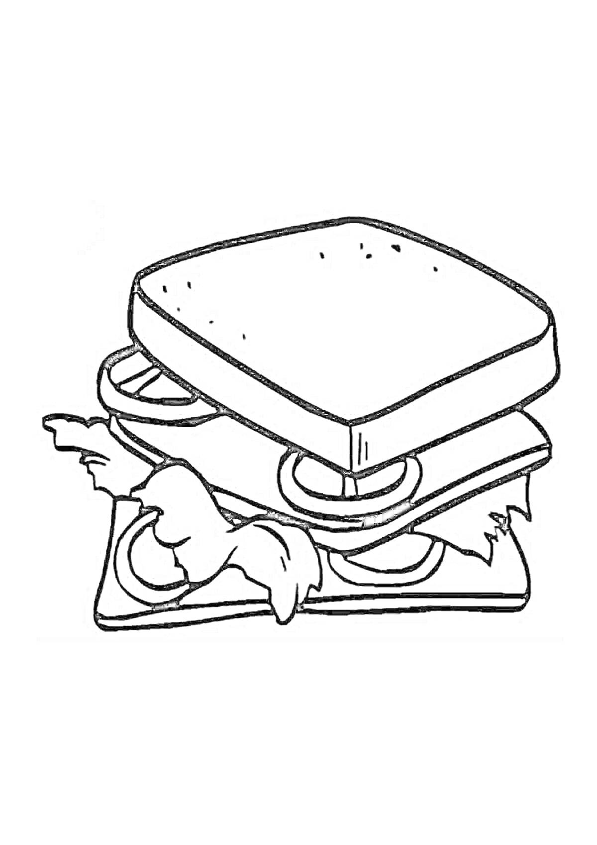 На раскраске изображено: Сэндвич, Еда, Хлеб, Салат, Вкусно, Овощи