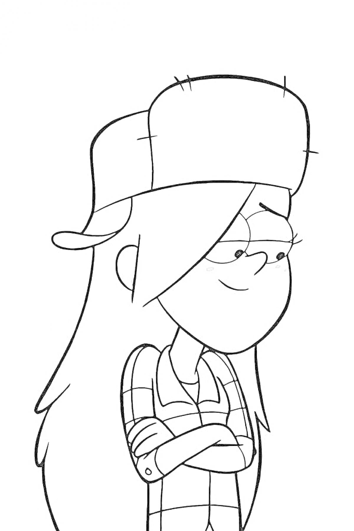 Раскраска Девушка в шапке с длинными волосами, стоящая в профиль с закрытыми глазами и скрещенными на груди руками