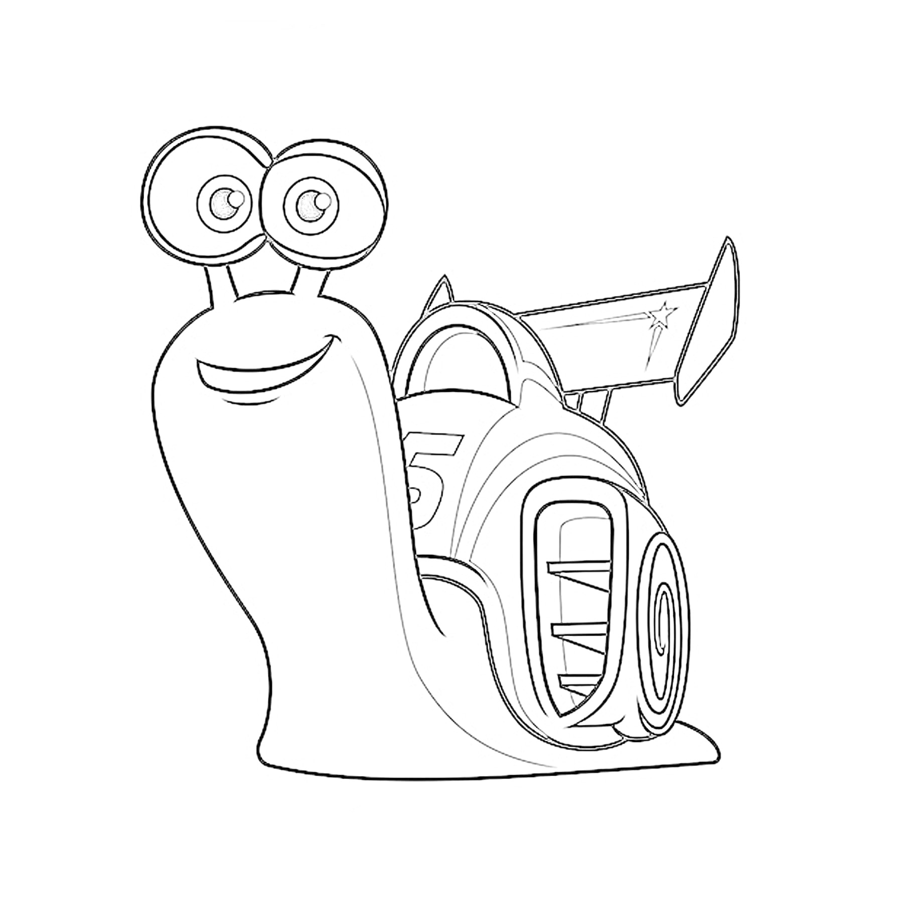 Раскраска Улитка с турбо-двигателем, гоночный спойлер, номер 5
