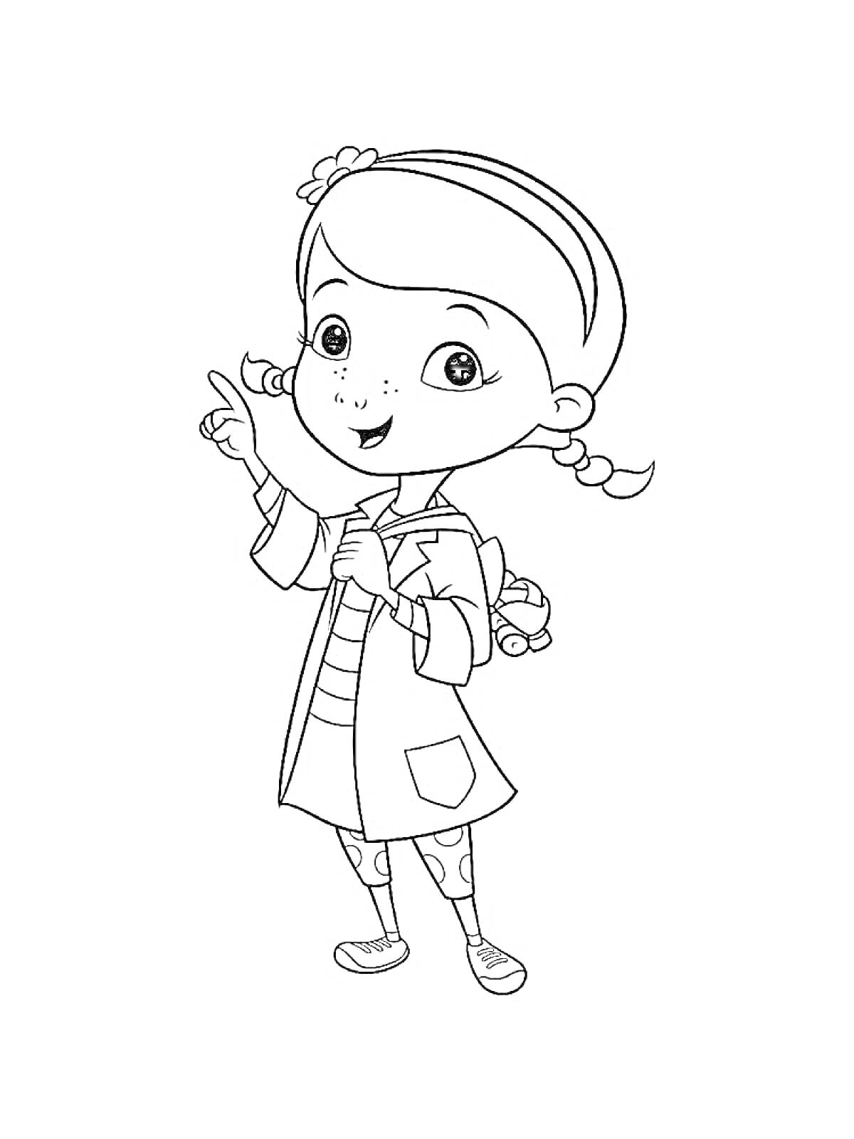 Девочка в докторском халате с поднятым пальцем, в рюкзаке, прически с косичками и цветком в волосах