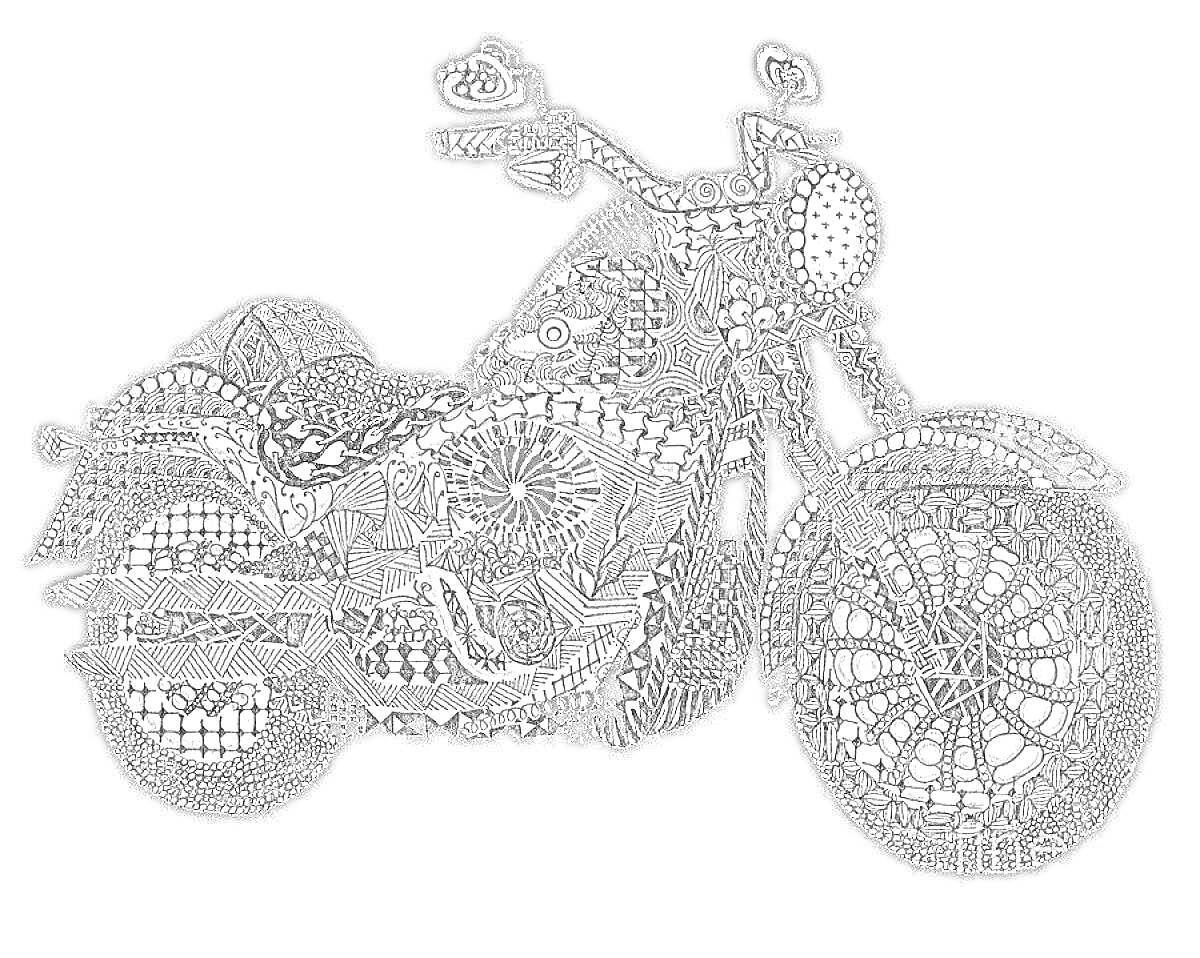 На раскраске изображено: Мотоцикл, Антистресс, Узоры, Мотор, Колеса, Руль, Арт, Детализированное изображение