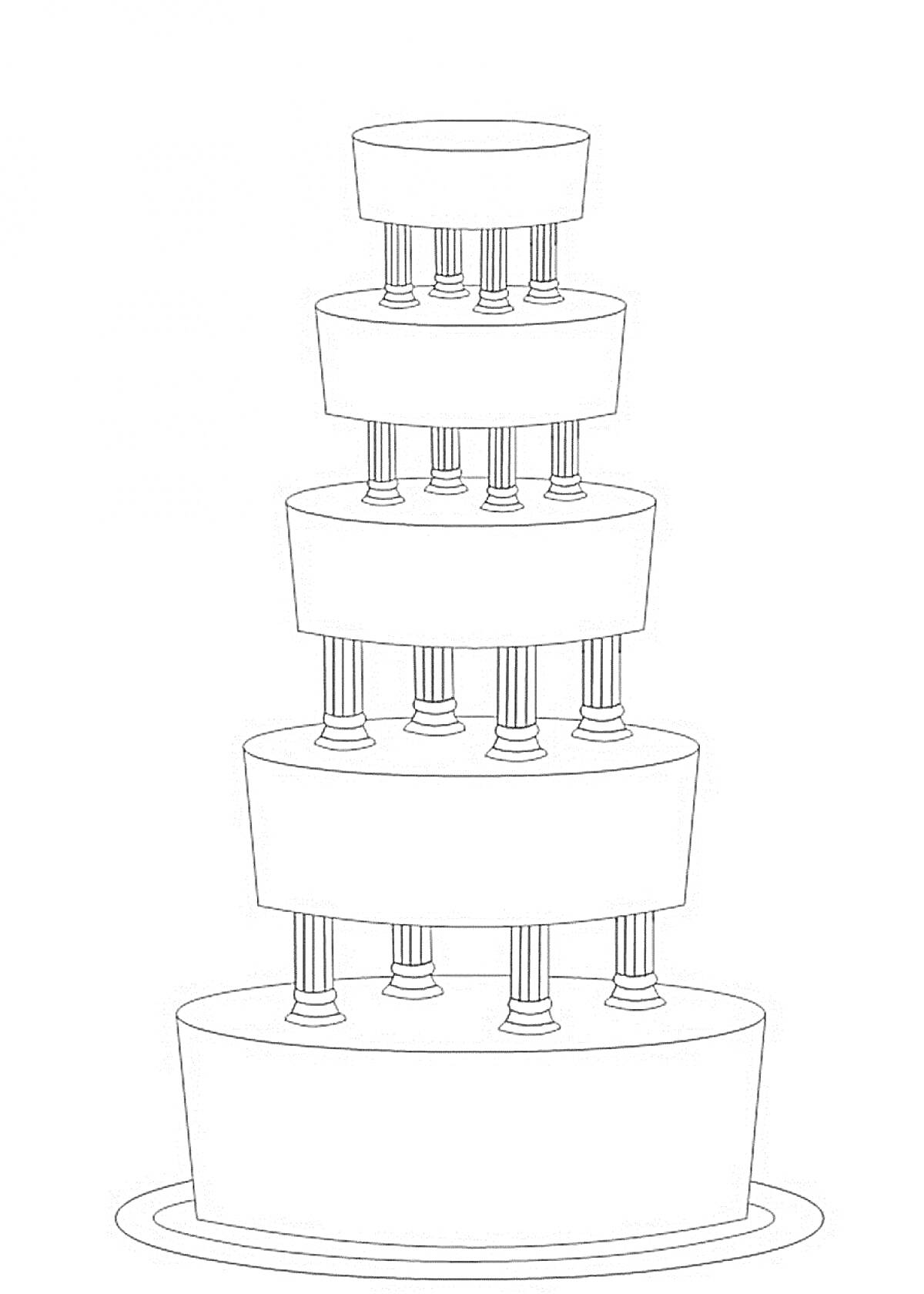Раскраска Многоярусный торт с колоннами на каждом уровне на блюде.