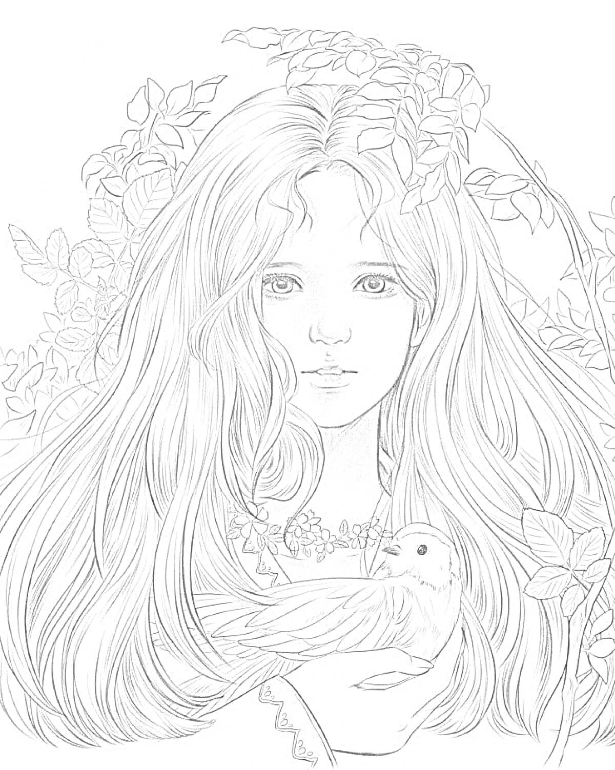 Раскраска Девушка с длинными волосами, листьями и птицей в руках