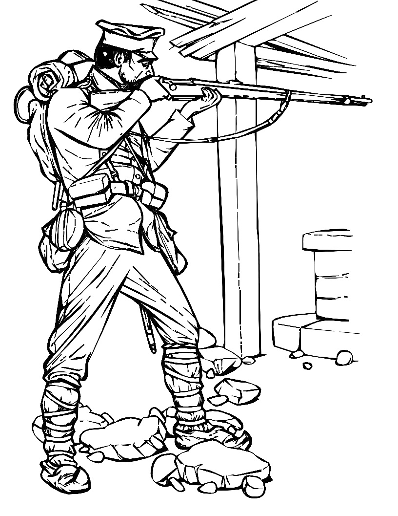 На раскраске изображено: Солдат, Ружье, Военная форма, Военный, Камни, Стрельба