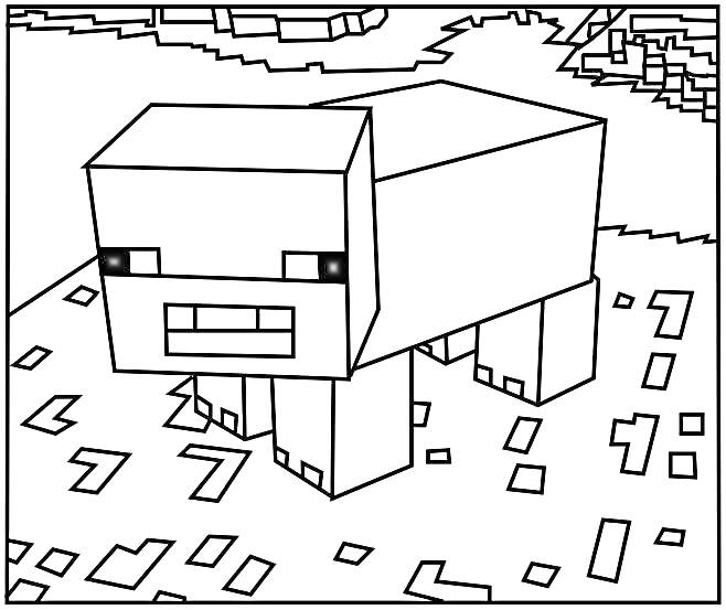 Раскраска Minecraft — Поросенок на травяной поляне
