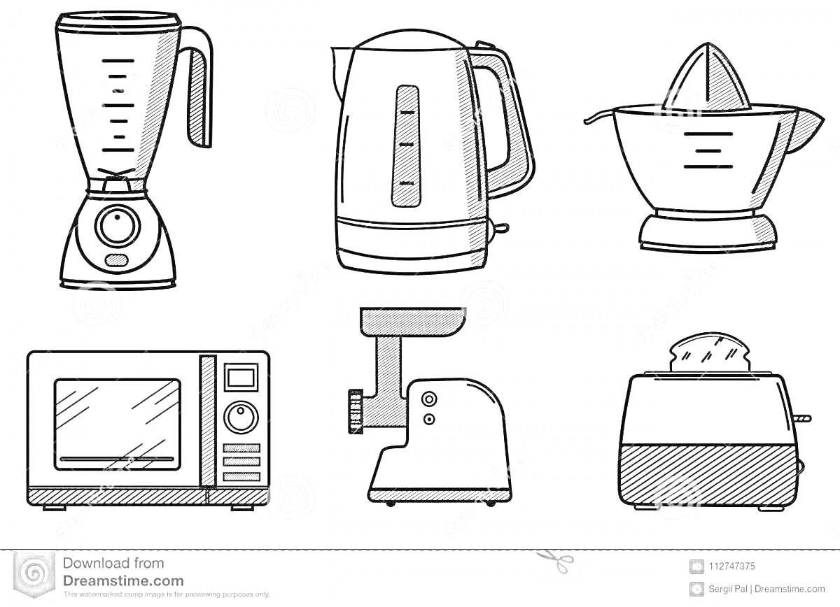 Раскраска Бытовые приборы: блендер, электрочайник, соковыжималка, микроволновая печь, мясорубка, тостер