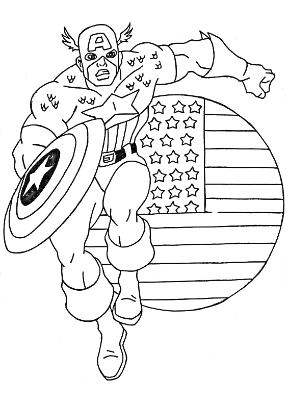 Раскраска Первый мститель с щитом на фоне американского флага