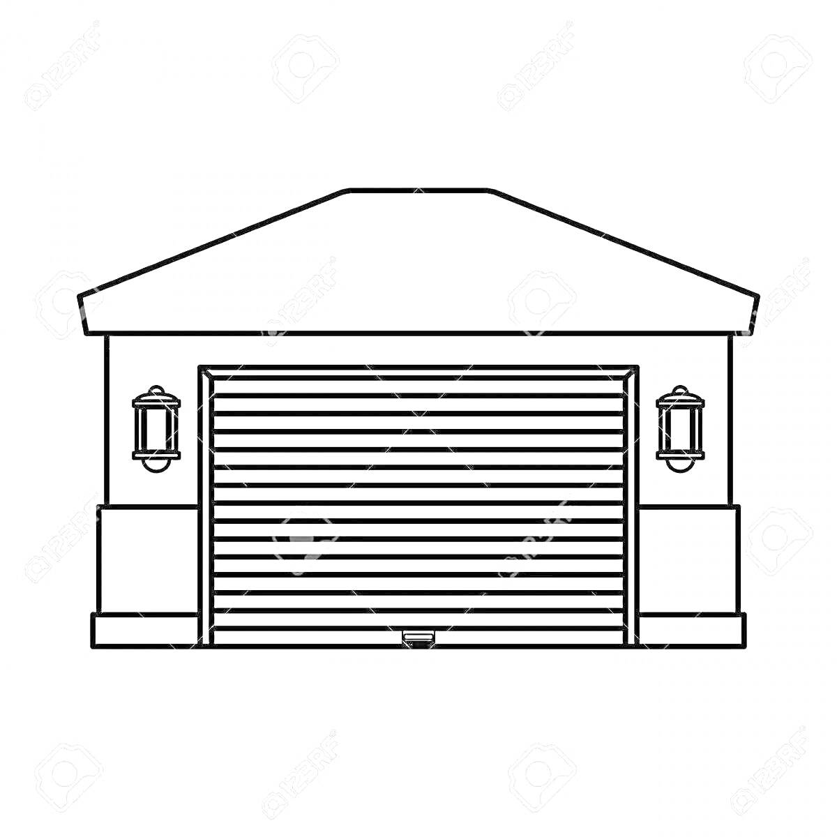 Раскраска Гараж с двумя фонарями и воротами