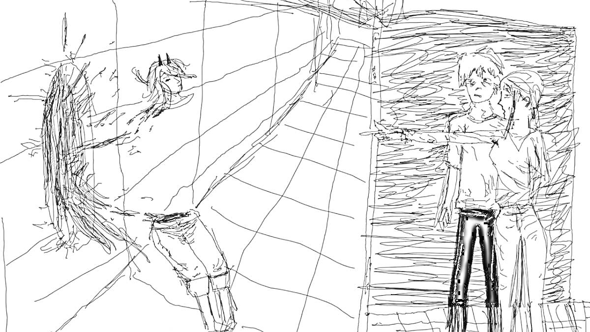 Раскраска сцена с битвой между Человеком-бензопилой и демоном на стене, с двумя персонажами, наблюдающими за происшествием