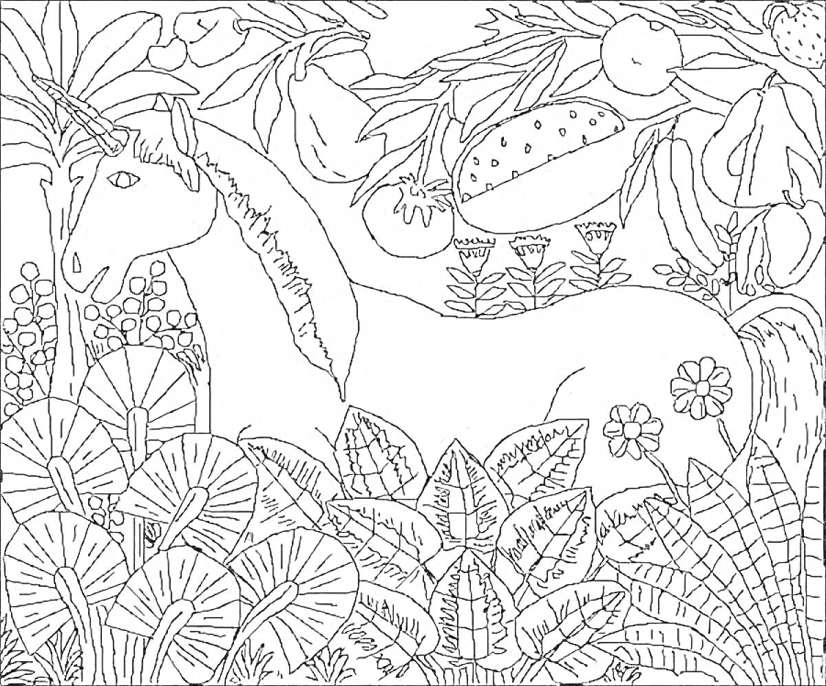 Раскраска Единорог в тропическом саду с фруктами и цветами