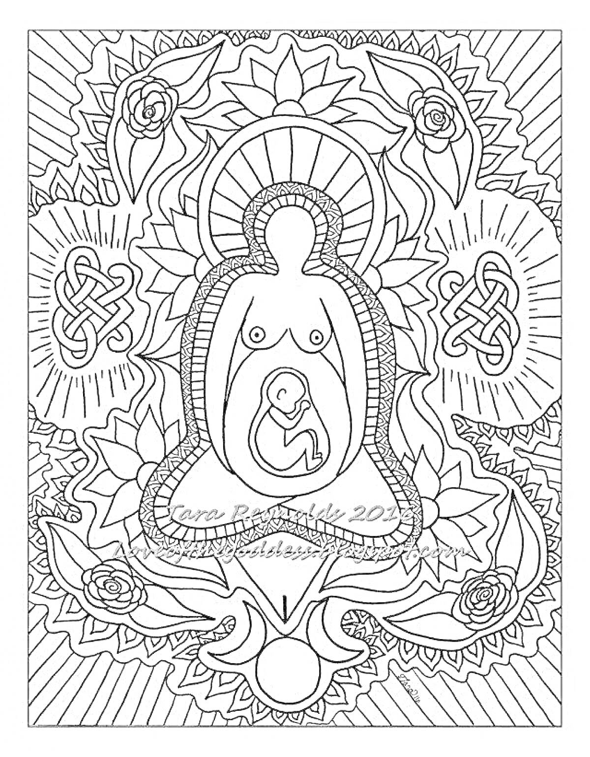Раскраска Силуэт беременной женщины с символом ребенка внутри, узоры, звезды, цветы