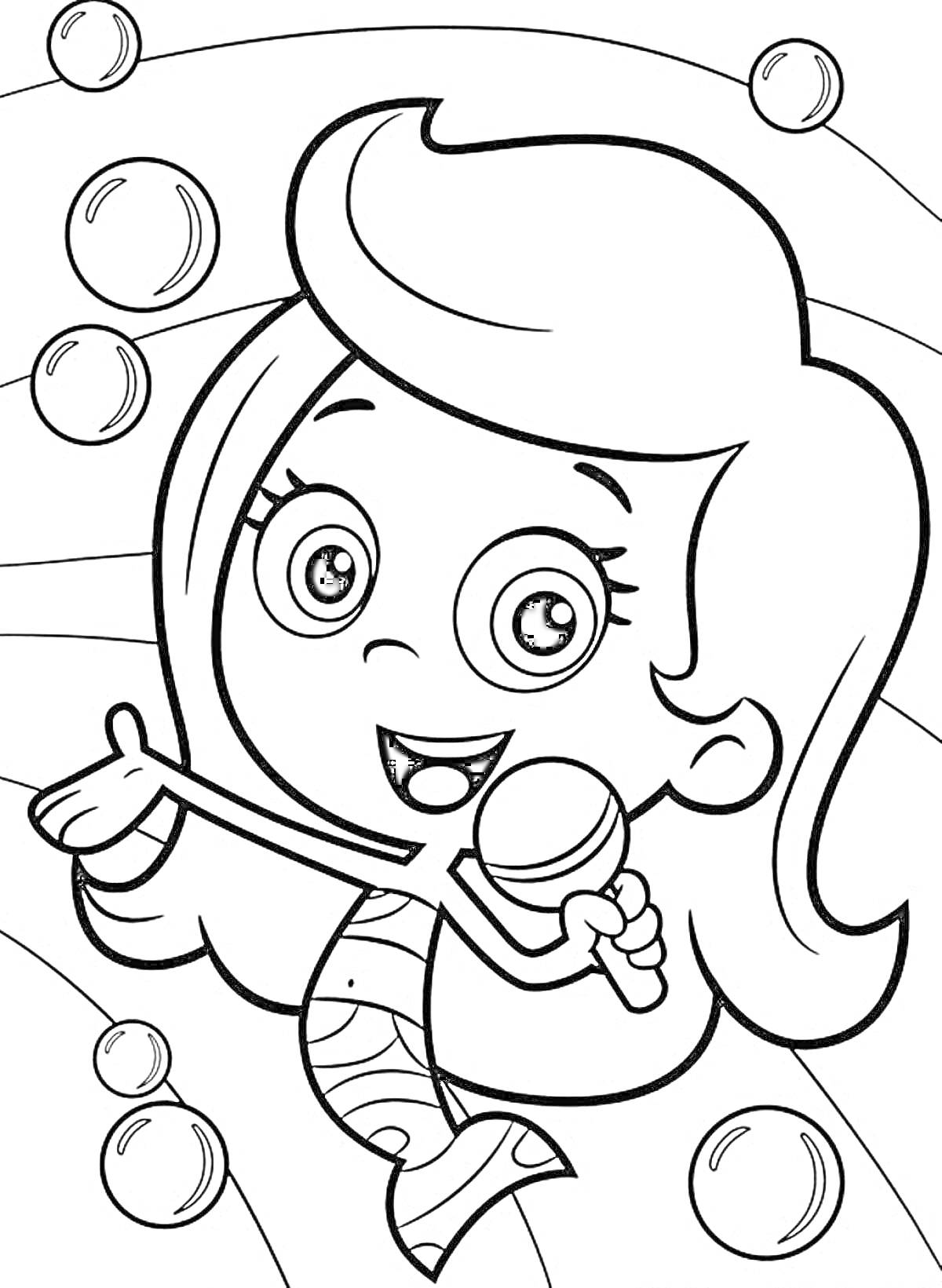 Раскраска Девочка-русалка с микрофоном и пузырьками
