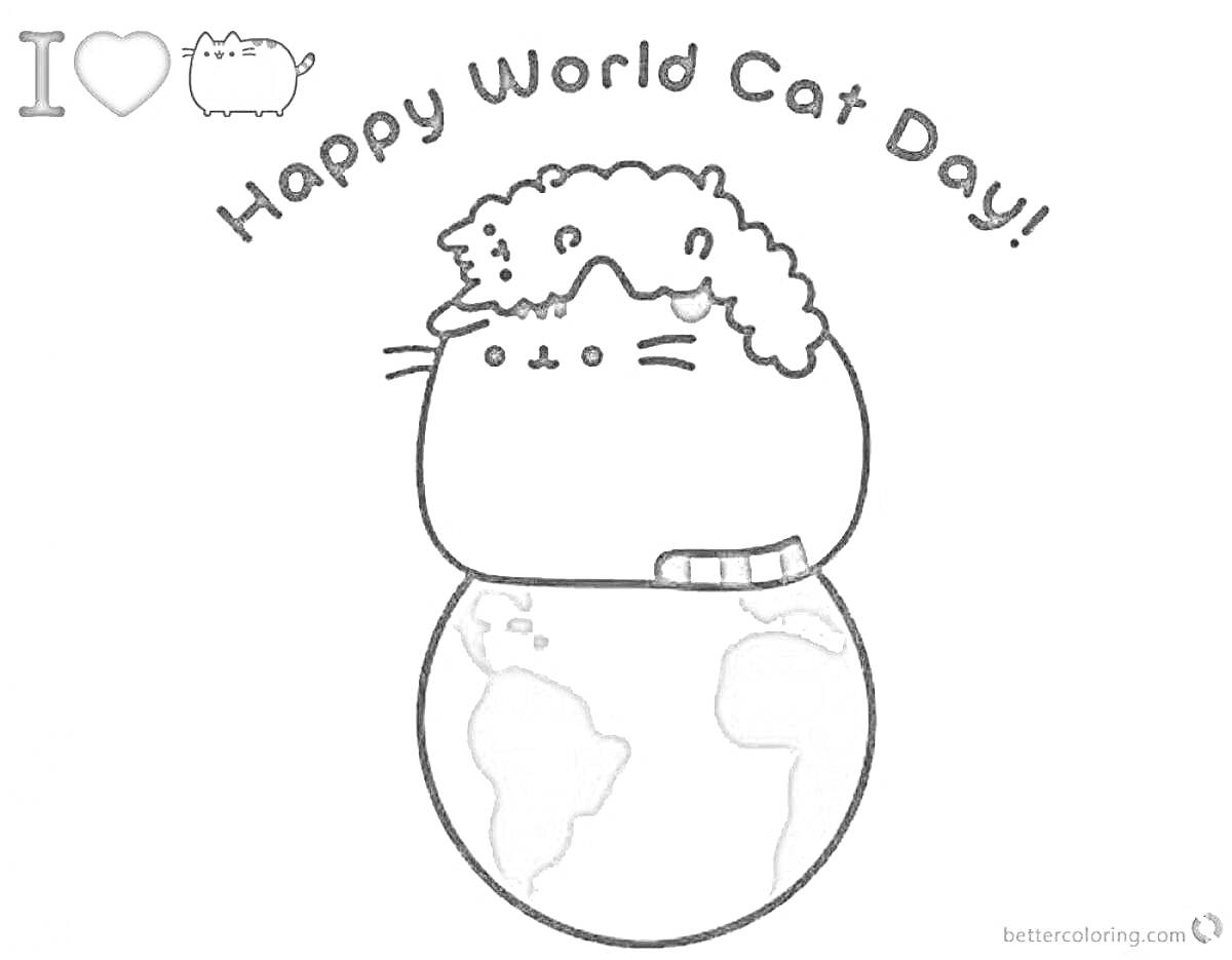 Раскраска Пушин на Земле с поздравлением ко Дню Кошек
