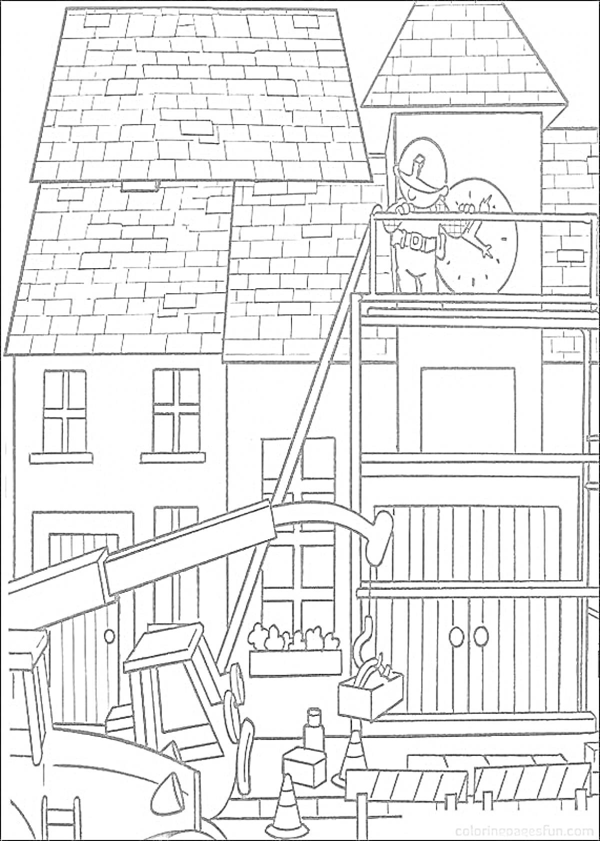 На раскраске изображено: Боб строитель, Строительная площадка, Дом, Крыша, Часы, Ворота, Балкон, Окна, Грузовая машина, Подъемный кран, Улицы