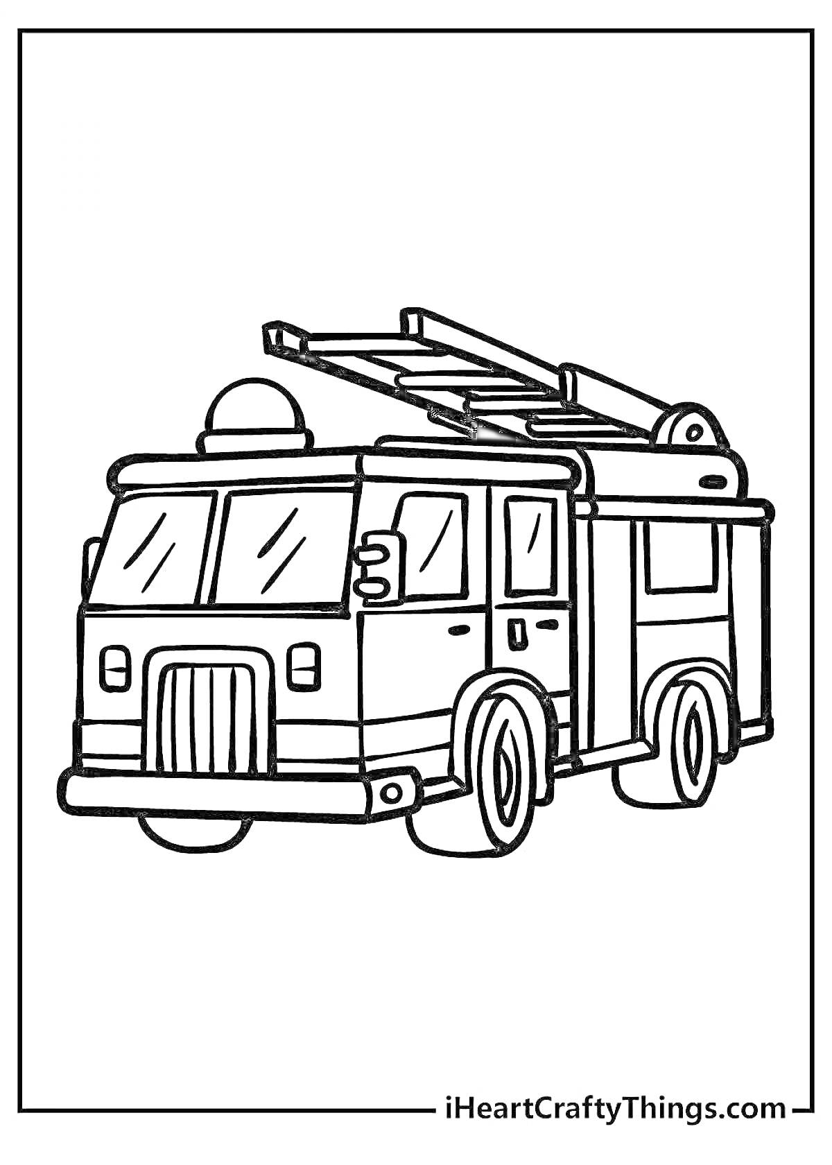 На раскраске изображено: Пожарная машина, Лестница, Транспорт, Экстренные службы, Пожарная служба