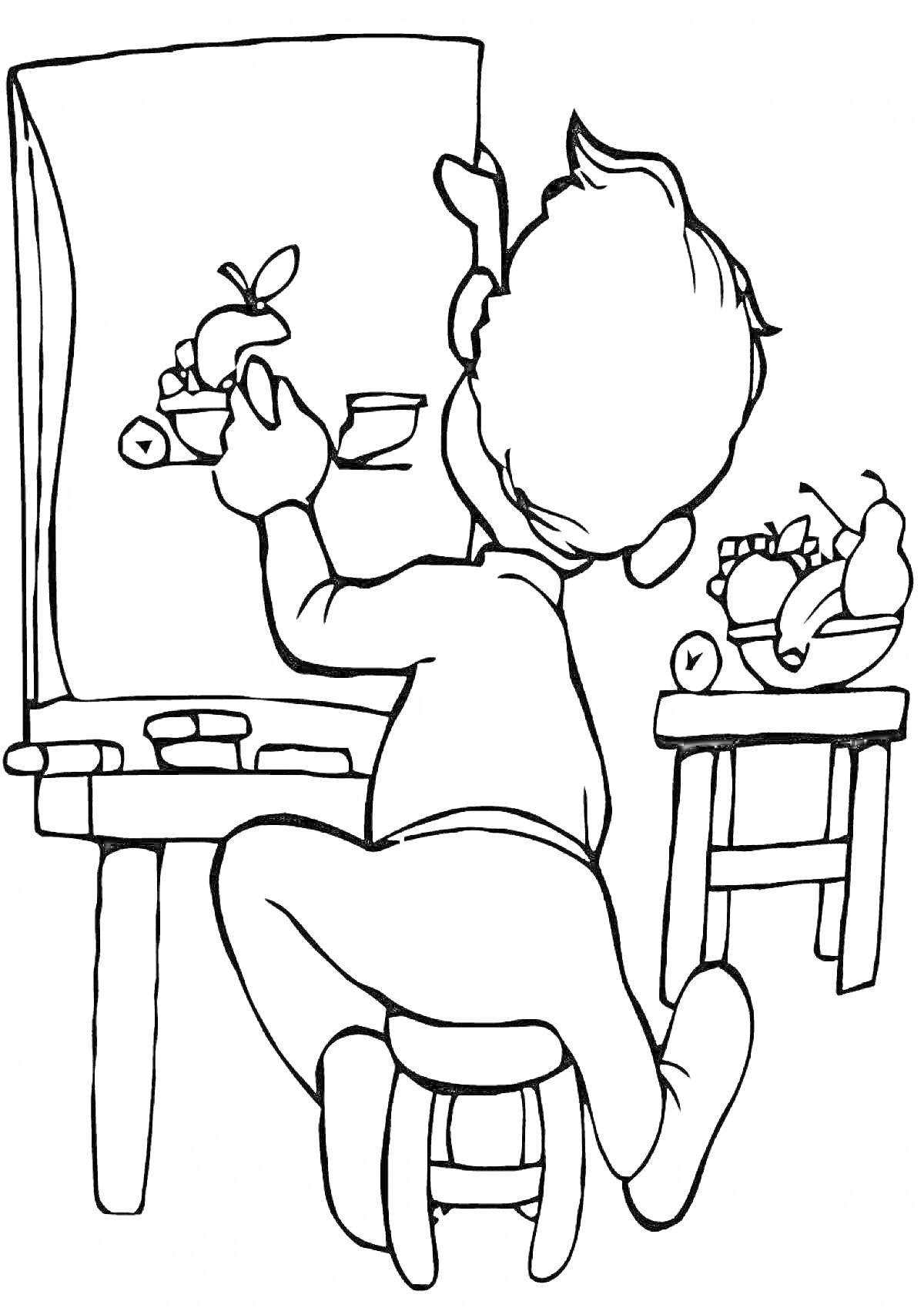 Раскраска Ребенок-художник рисует натюрморт с фруктами на мольберте
