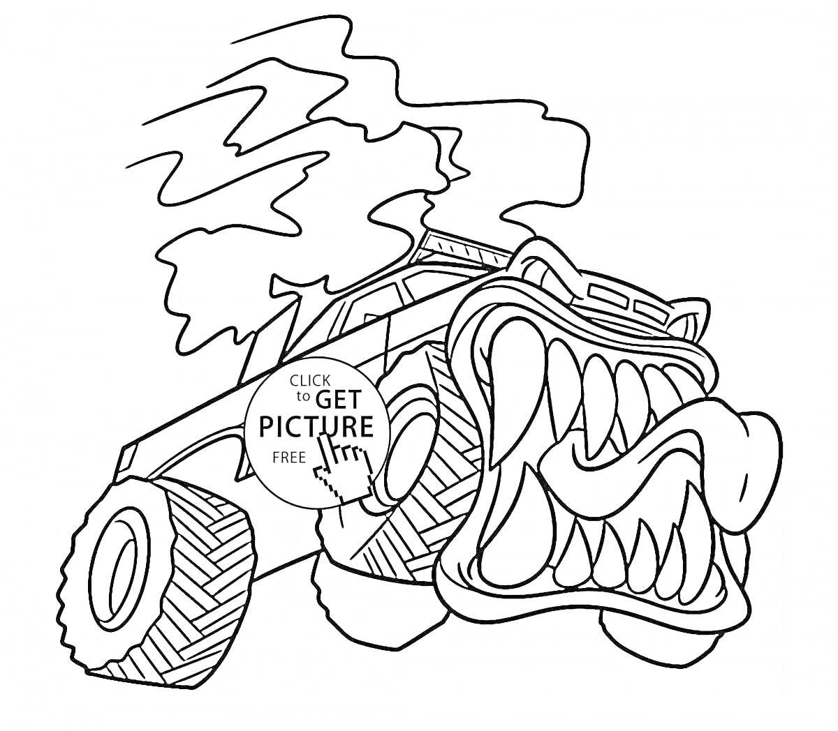 Раскраска Монстр-грузовик с большими зубами и дымом из капота