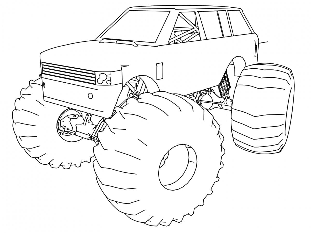 Раскраска Монстр трак с большими колесами и кузовом джипа