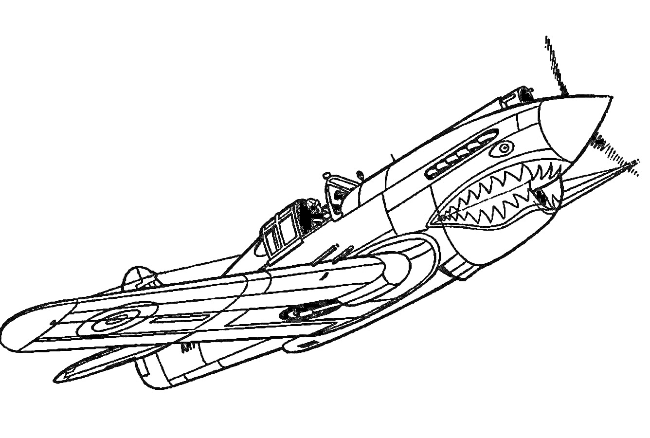 Военный самолет с изображением акульих зубов на передней части, пилот в кабине, оружие на крыльях, авиационные знаки на крыльях, винт спереди.
