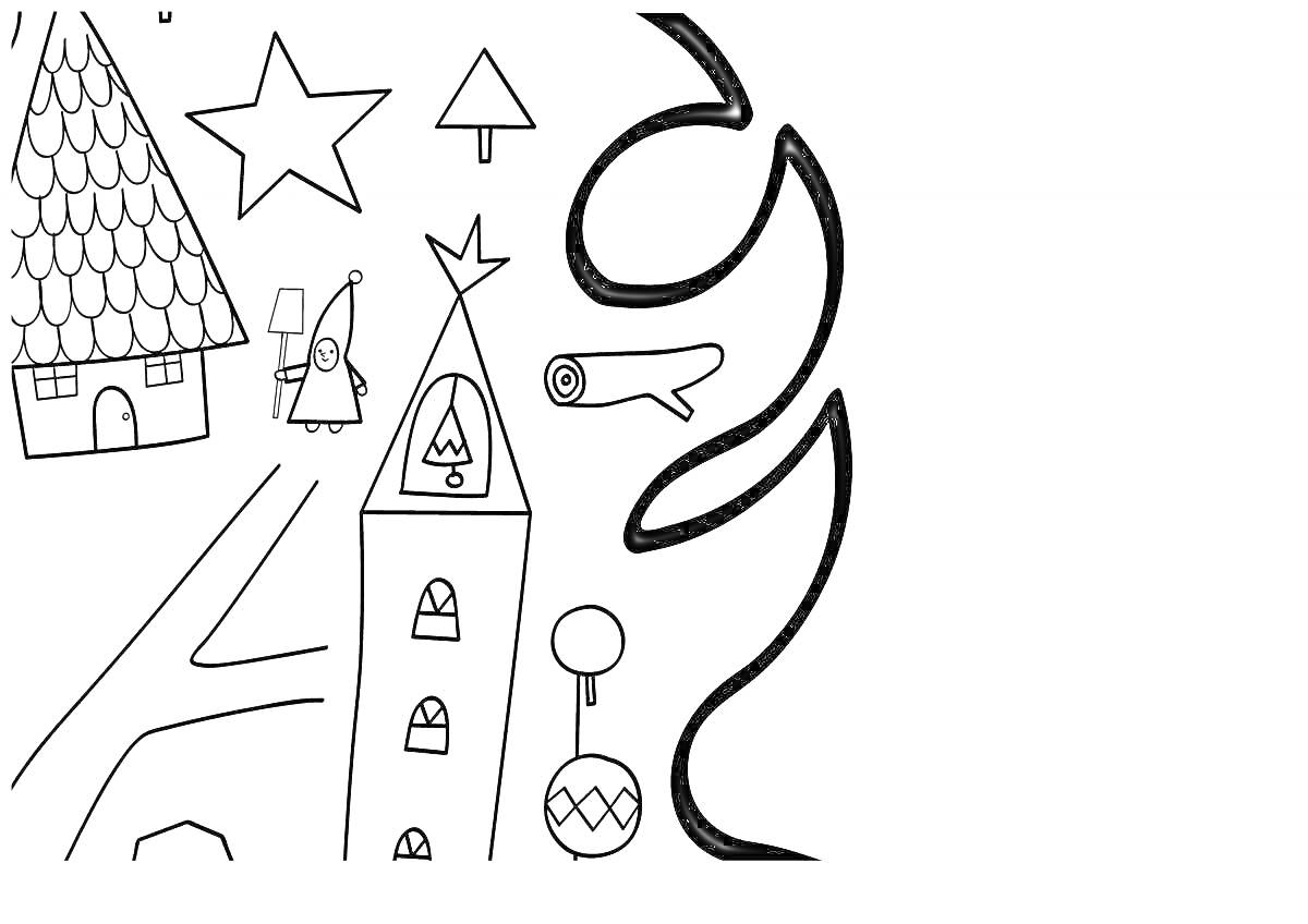 На раскраске изображено: Домик, Ветка, Угол, Деревья, Звезды, Елки, Елочные игрушки, Человек