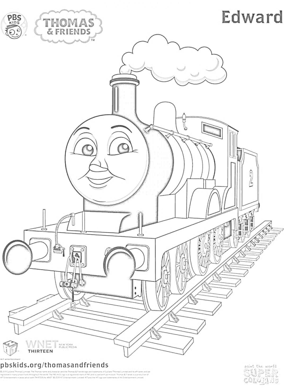 Раскраска Раскраска с поездом Эдвардом, паровоз, рельсы, логотип PBS Kids, URL