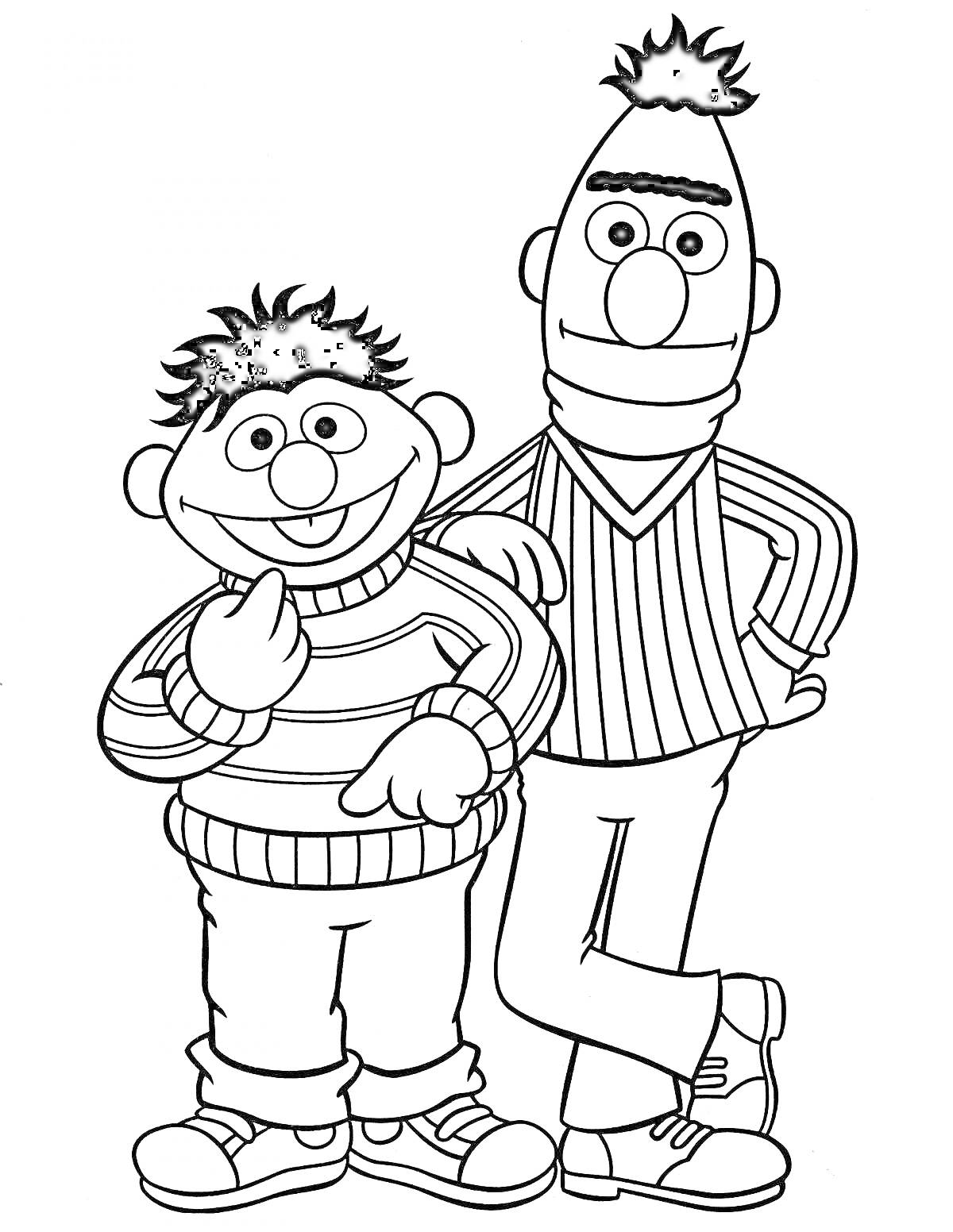 Раскраска Два персонажа из Улицы Сезам в полосатых одеждах