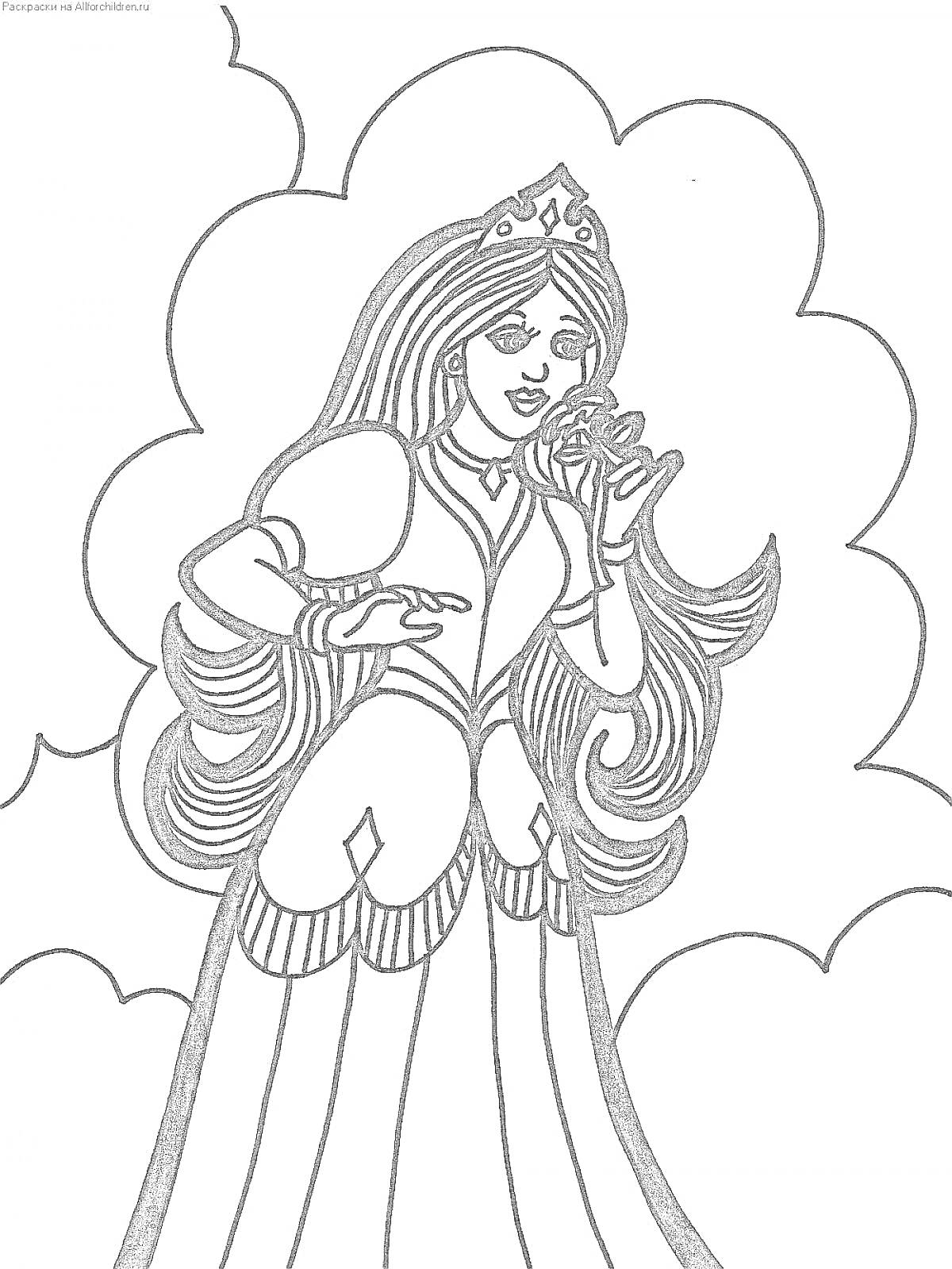 Раскраска Принцесса в длинном платье с цветком в руках на фоне облаков