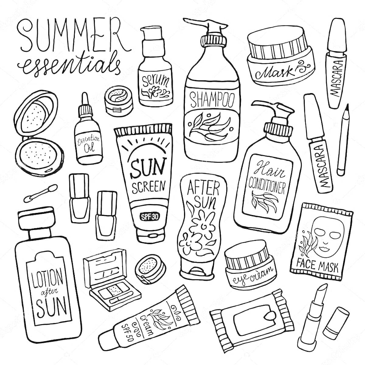 летние косметические принадлежности (SUMMER essentials), лосьон после солнца (LOTION after SUN), солнцезащитный крем (SUN SCREEN SPF 30), средство после загара (AFTER SUN), шампунь (Shampoo), кондиционер для волос (Hair Conditioner), сыворотка (Serum), ма